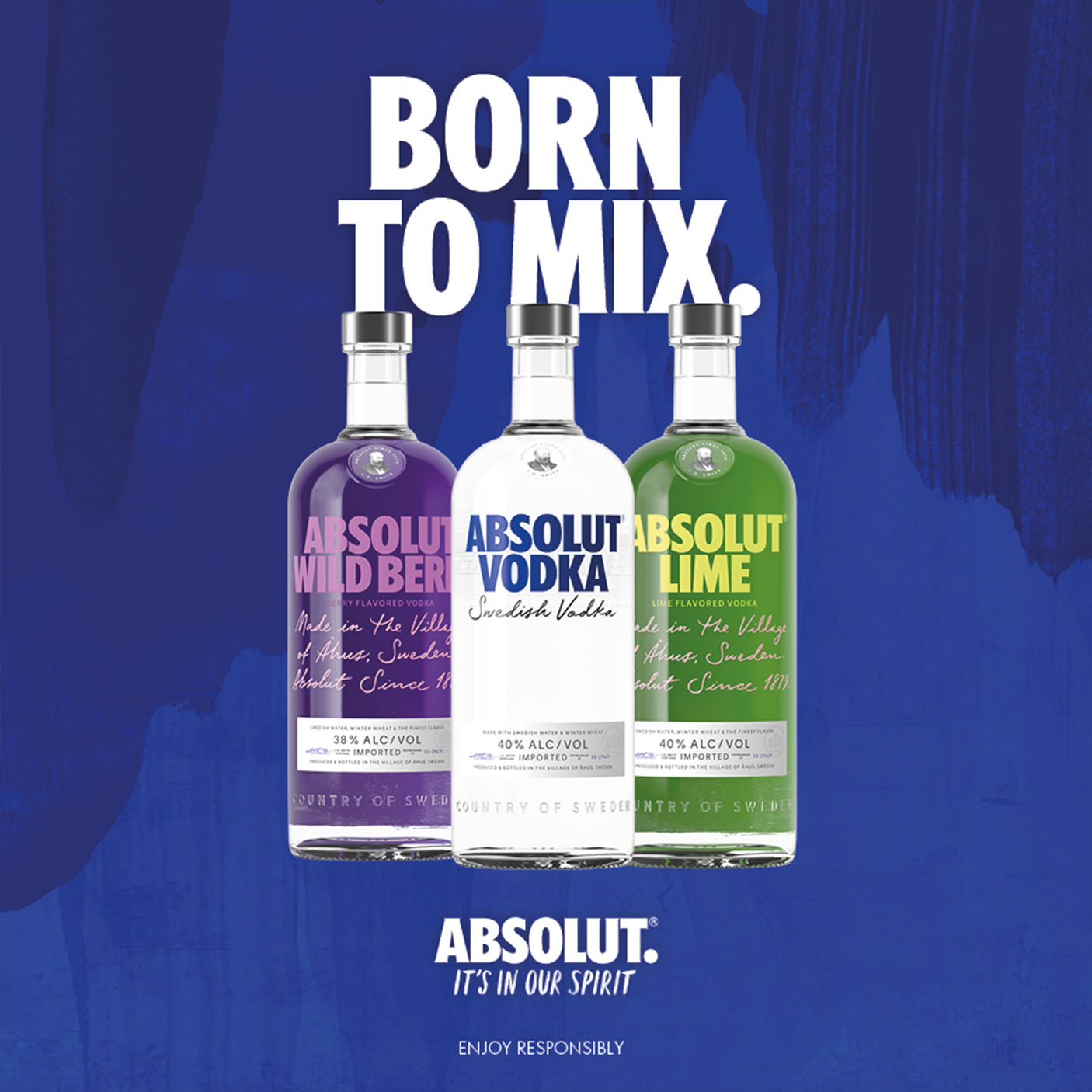 Absolut vodka bottles (Wild Berri, Original, Lime) with "Born to Mix" text.