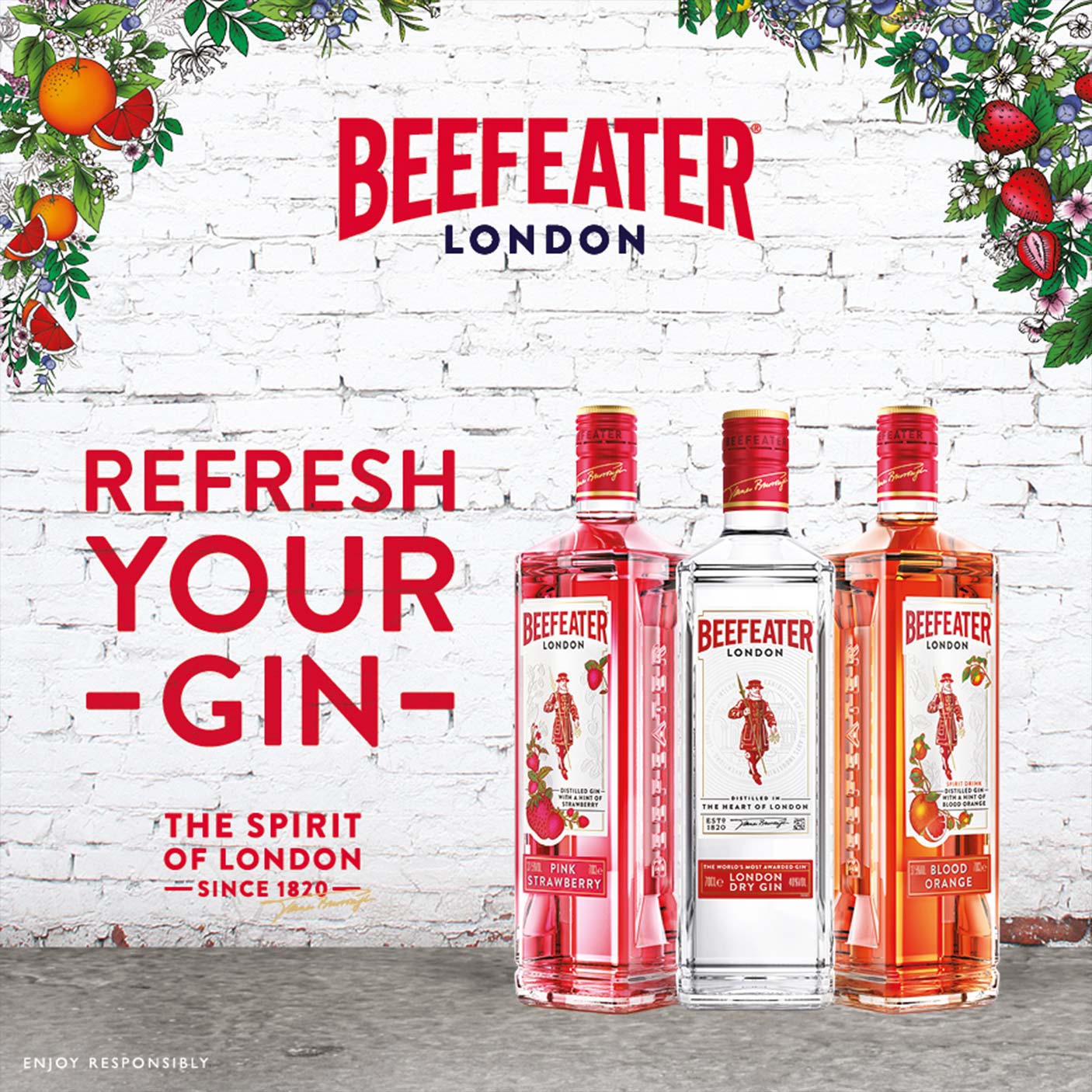 Beefeater gin bottles with fruity garnishes and “Refresh Your Gin” text.