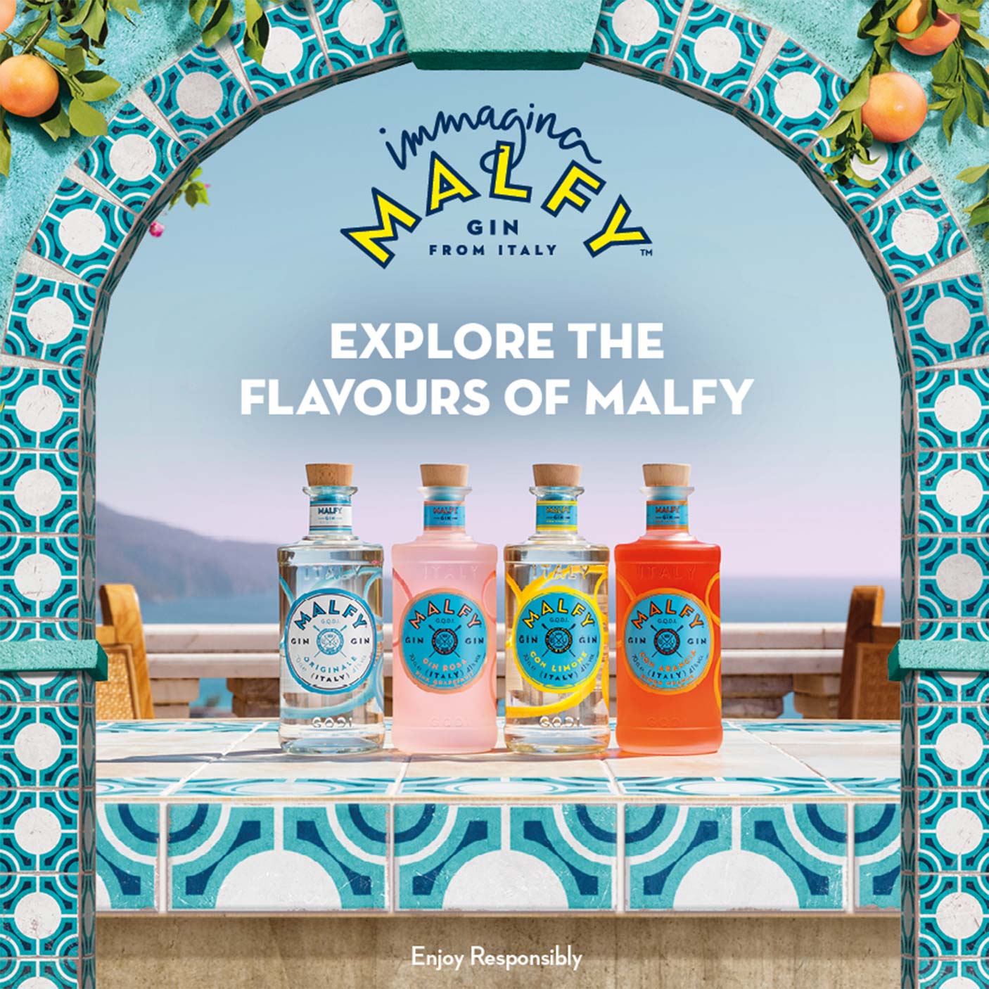 Four Malfy gin bottles on a table, featuring brand name and visible variants.