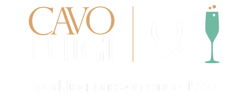 Cavo Luigi with champagne glass and text: Sparkling passion since 1936.