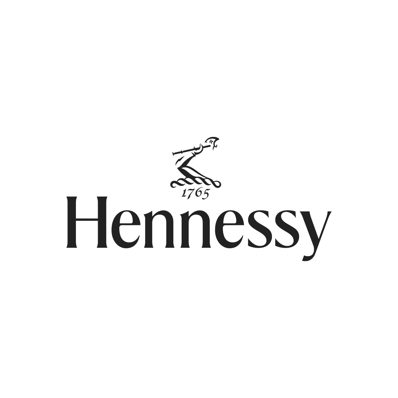 Hennessy with an arm holding an axe above the year 1765, bold Hennessy text below.