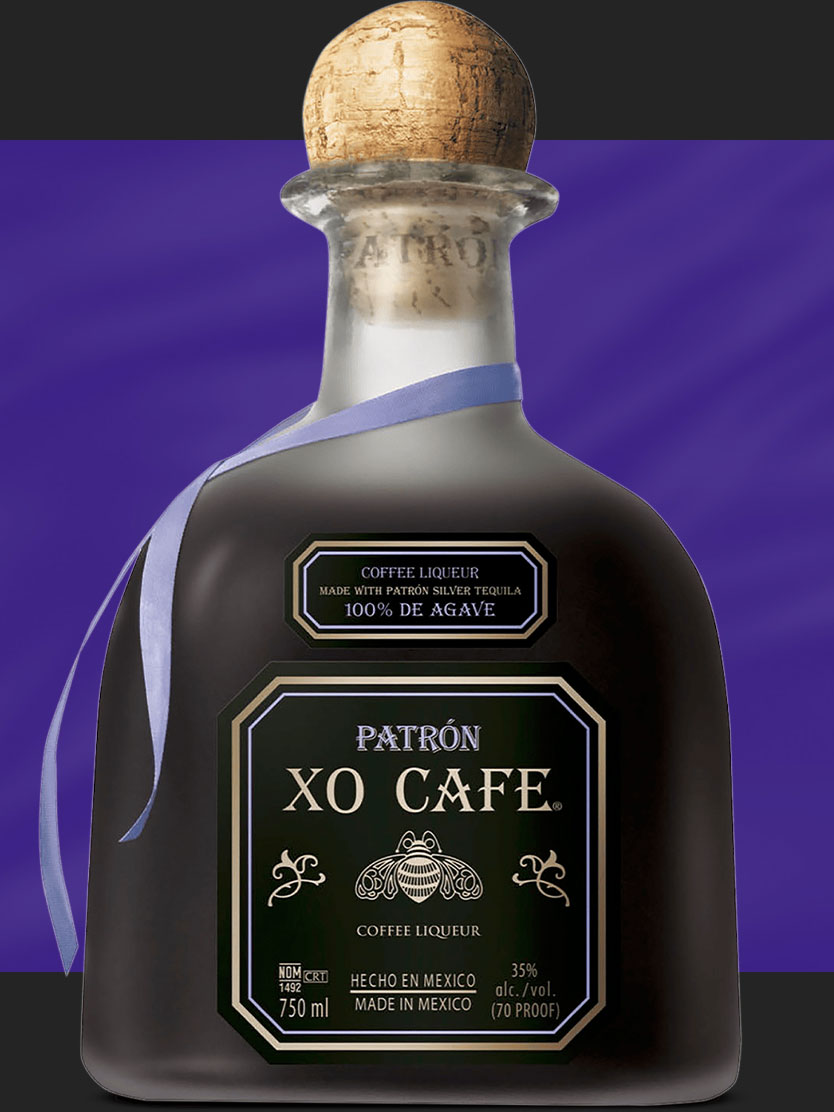Tequila Patrón XO Cafe coffee liqueur bottle with cork top and purple ribbon.