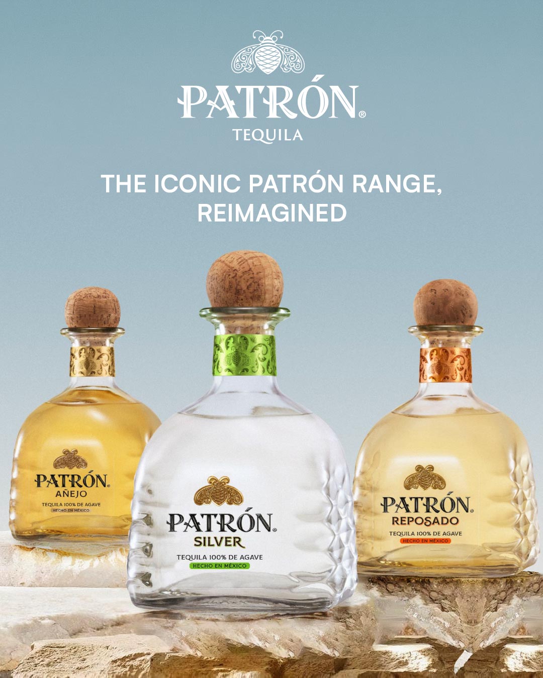 Three bottles of Patrón Tequila: Añejo, Silver, and Reposado.