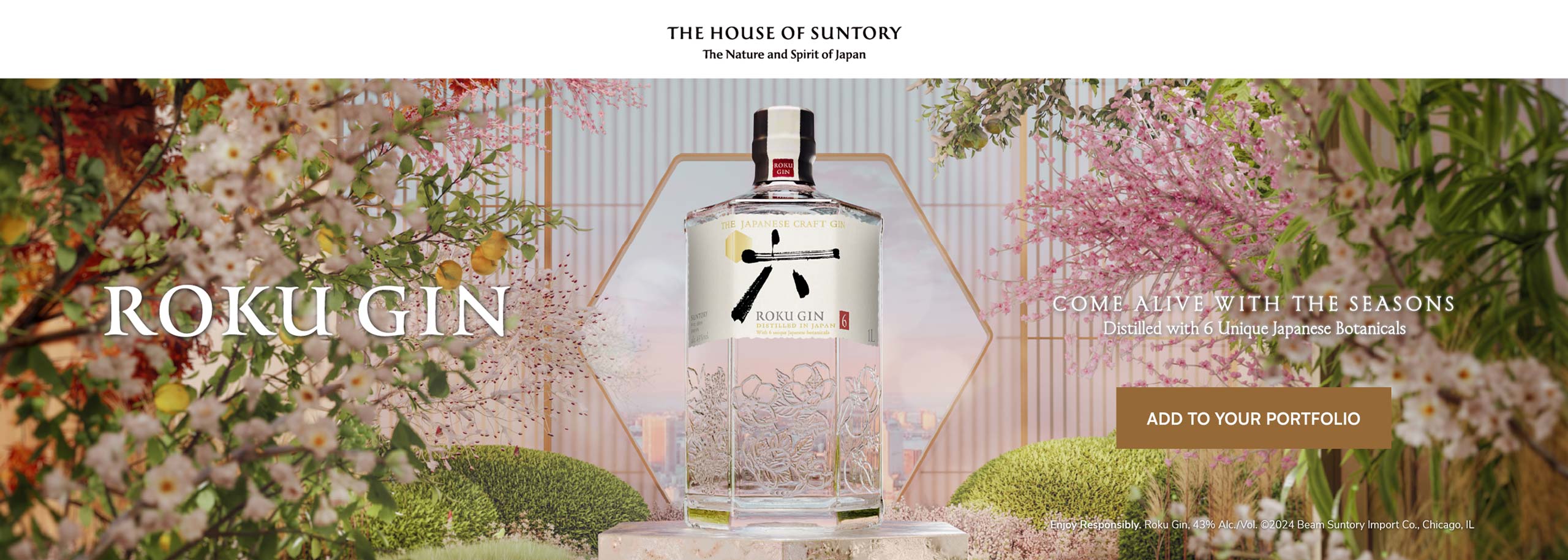 A bottle of Roku Gin against a floral background.