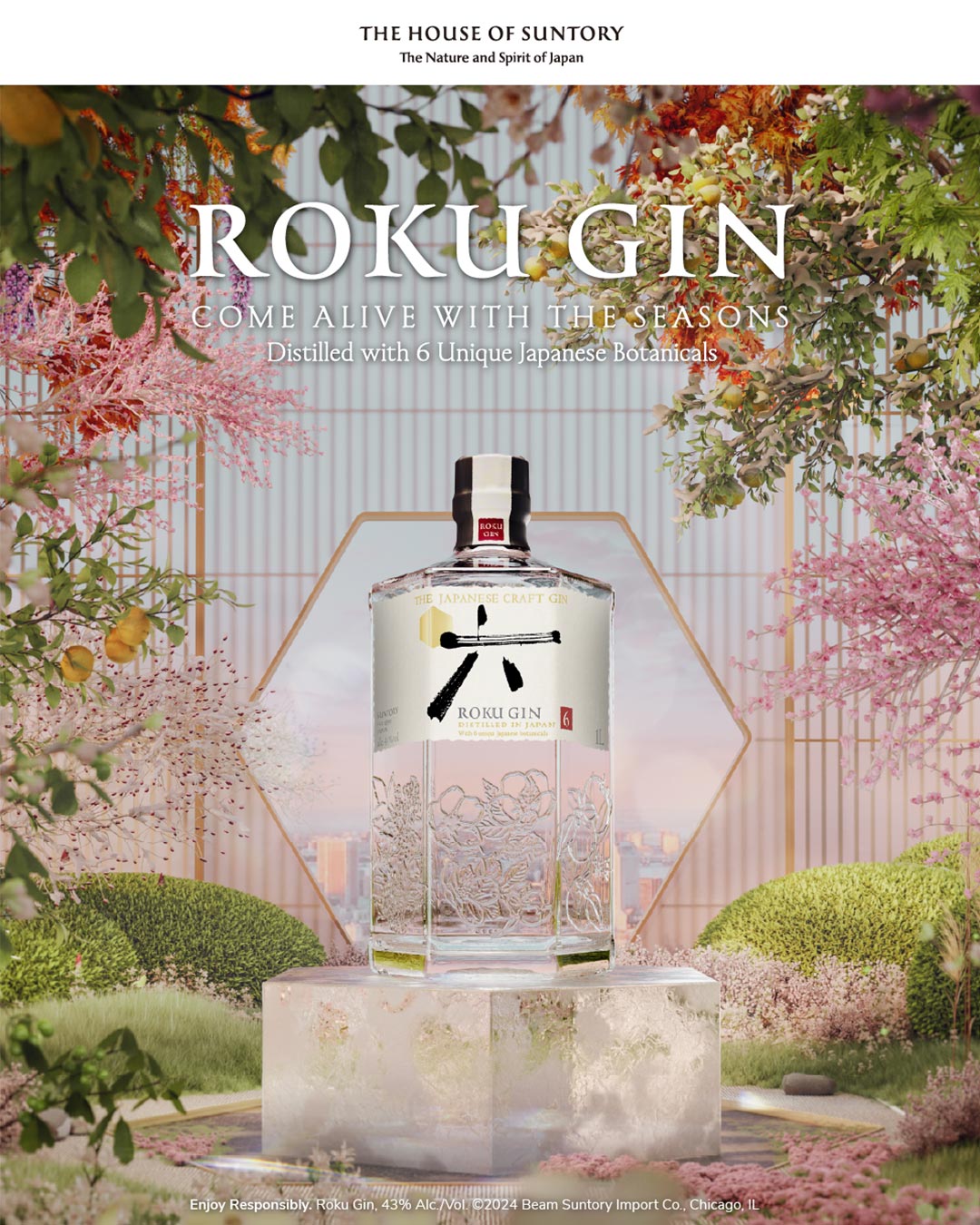 A bottle of Roku Gin against a floral background.