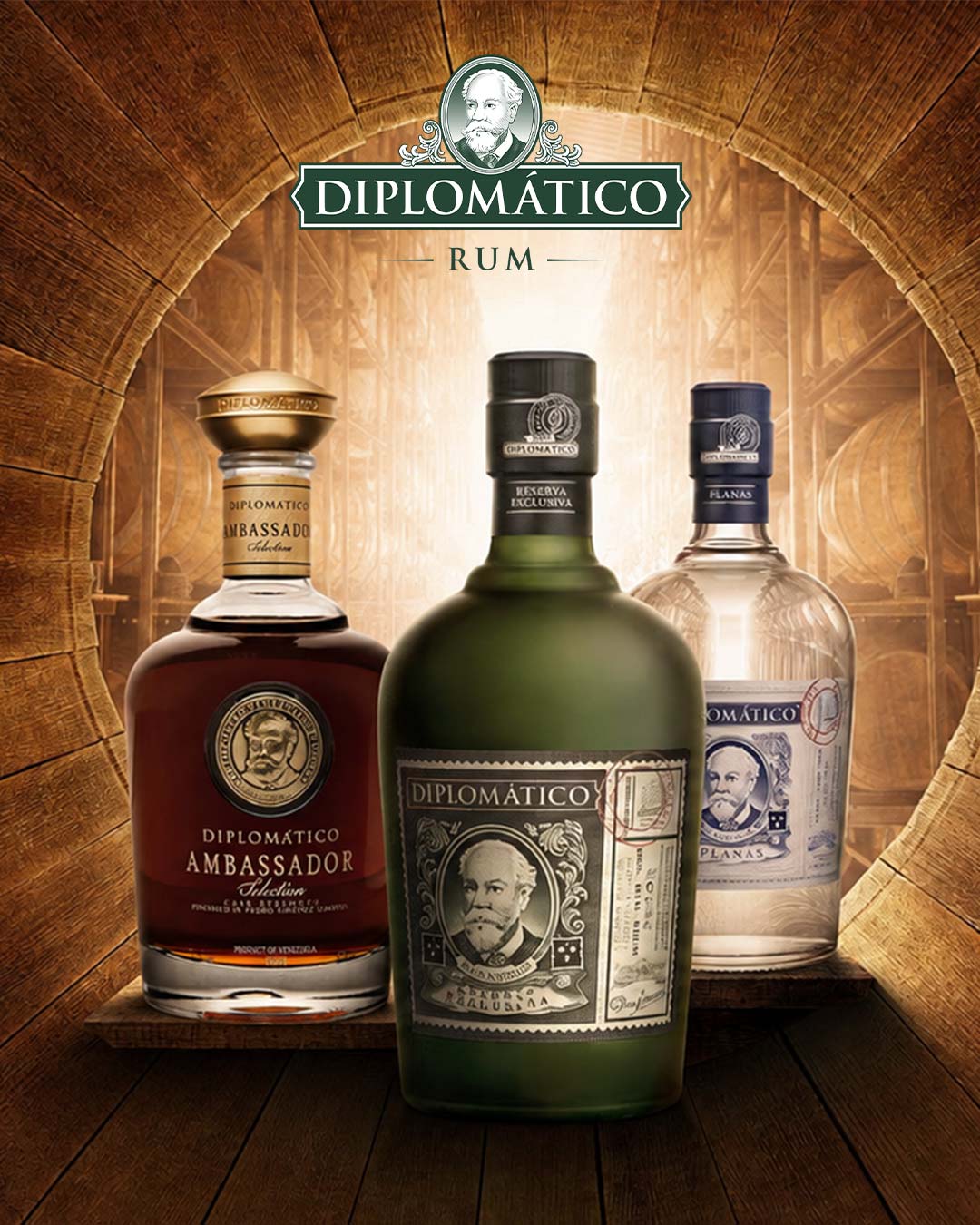 3 bottles of Rum Diplomatico on a wooden background