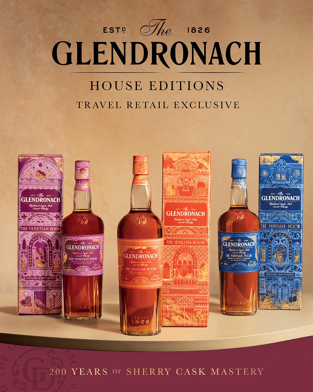Three bottles of whisky The Glendronach with boxes on a table.