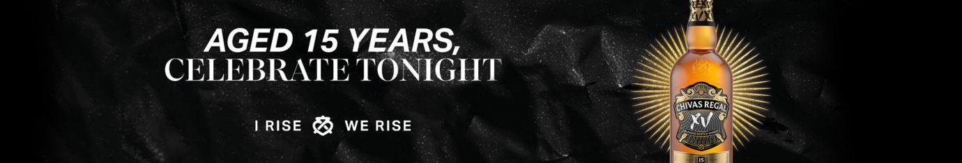 15-year-old whisky bottle with text: Aged 15 years, celebrate tonight.